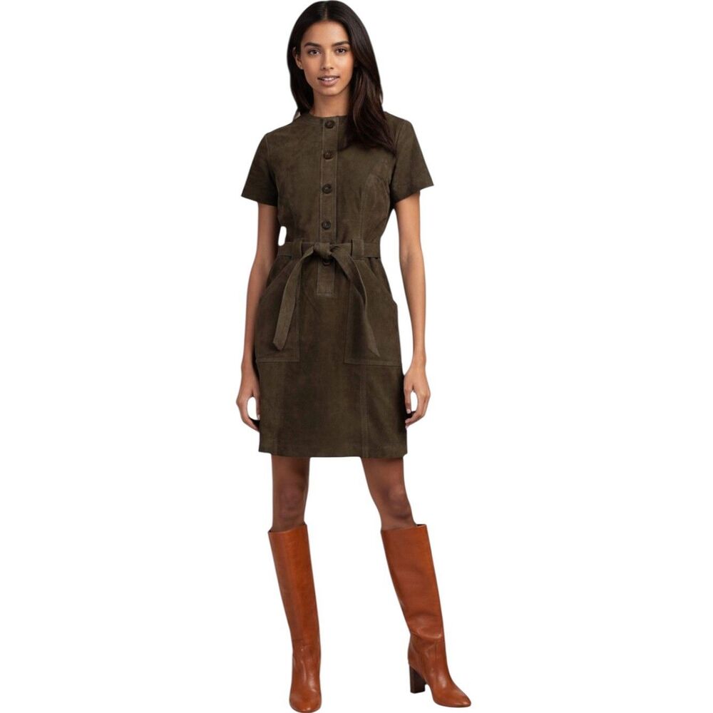 Trina Turk Suede Leather Belted Mini Dress Olive Green Size 2